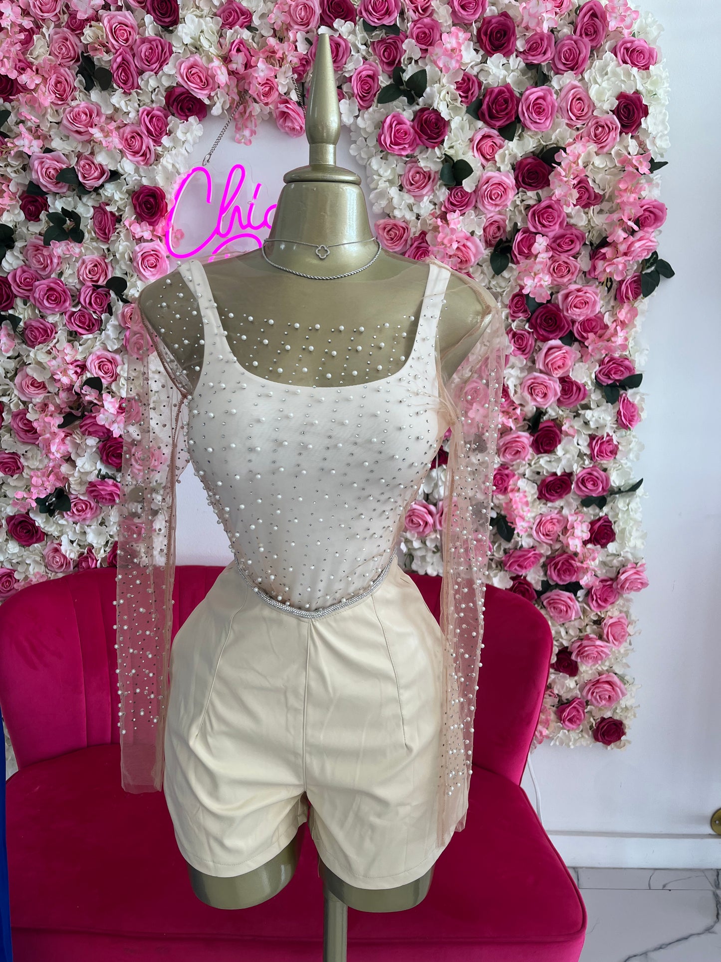 Cream Rhinestone Short